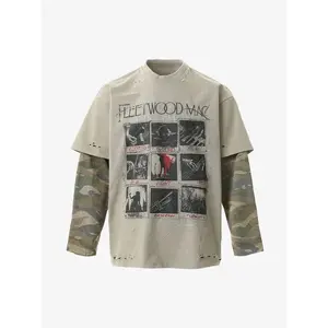 Streetwear Graphic Fake Two-Piece Distressed Shirts Letter Long Sleeve Grunge Tee Clothes(Sheet)