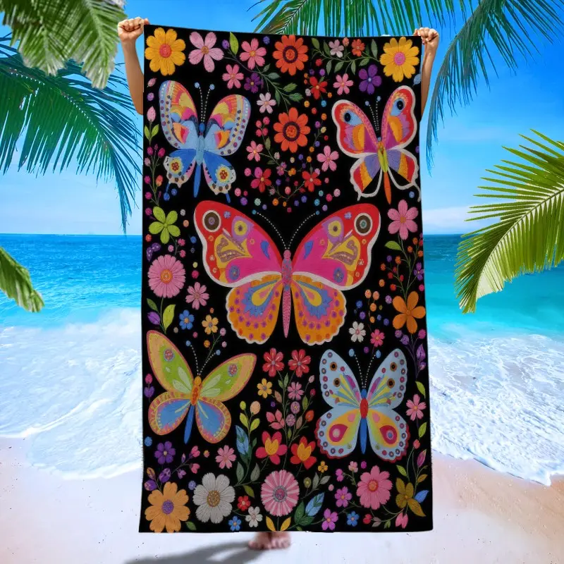 Tropical Butterfly Print Beach Towel, Quick-Dry Super Absorbent, Reusable Ultra-Fine Fiber, Ideal for Pool Parties, Beach Vacations, Outdoor Use