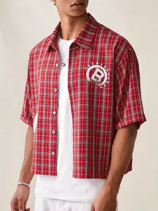 SWAVVY Men Fashionable Casual Plaid Loose Short Sleeve Shirt