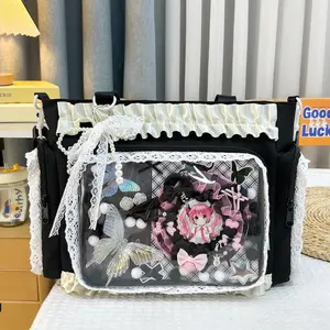 Lace Ruffle Ita Bag with Pearl Bow Accent, Large Capacity Transparent Pocket Shoulder Bag, Retro Sweet Lolita Anime Merch Display Tote Bag, 4 Colors Available for Daily & Cosplay