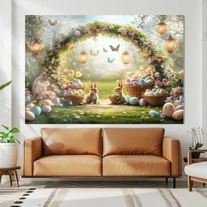 Spring Happy Easter Theme Photography Background Banner, Wall Hanging Backdrop, Party Decorations Banners, Rustic Polyester Canvas with Lush Plants, Colorful Eggs and Rabbit Illustrations, Perfect for Holiday Party and Event Decoration