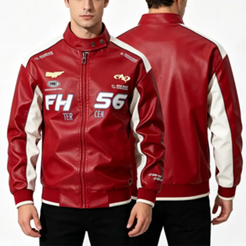 Men’s vintage racing-style faux leather aviator jacket with a stand collar and full zipper closure, featuring color-block panels and patch prints; men’s street casual motorcycle-style outerwear