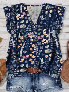 Women's Floral Pattern Blue Vneck Casual Shirt, Casual Floral Print Loose-Fitting Summer Fashion Top, Comfortable and Stylish Ladies' Blouse for Daily Wear