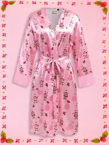 Strawberry Shortcake Women Cartoon Character and Strawberry Print Contrast Lace Tie-Waist Faux Silk Robe, New Year’s Outfit