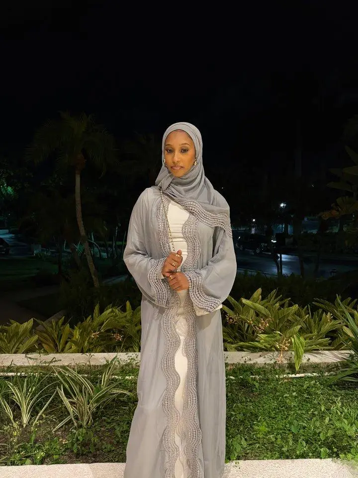 Amara Grey Abaya Set - Modest Floral Embroidery Flowing Silhouette Lightweight Fabric Hijab & Belt Included for Everyday Wear