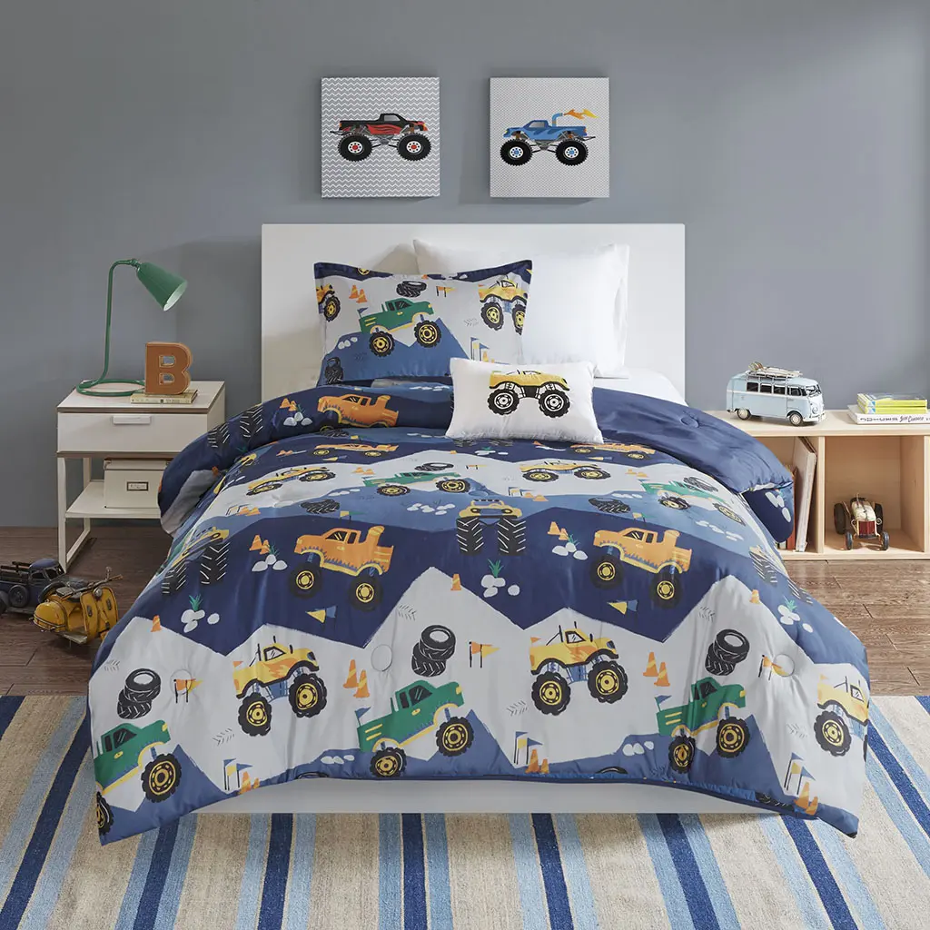 Monster Truck Print Antimicrobial Bedding Set - Polyester Fill Hypoallergenic Comforter, Machine Washable, Steam Iron Safe, Set Includes Twin/TwinXL Size Bedding for Boys' First Bedroom