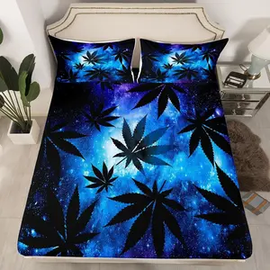 3-Piece Galaxy Space Bedding Set, Hemp Leaf Pattern, Plant Theme, Includes 1 Sheet + 2 Pillowcases, Soft and Smooth, All Seasons