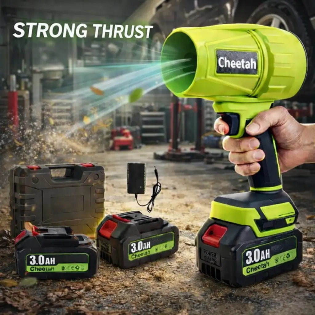 "Cheetah Cordless Leaf Blower – Turbo Power!️ 2x 21Vmax Batteries for Ultimate Car Drying & Garden Cleanup! Lightweight, Powerful, and Ready for Outdoor Action!