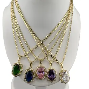 Gold Plated Cuban Chain with Colored Zircon, 18 Inches Long