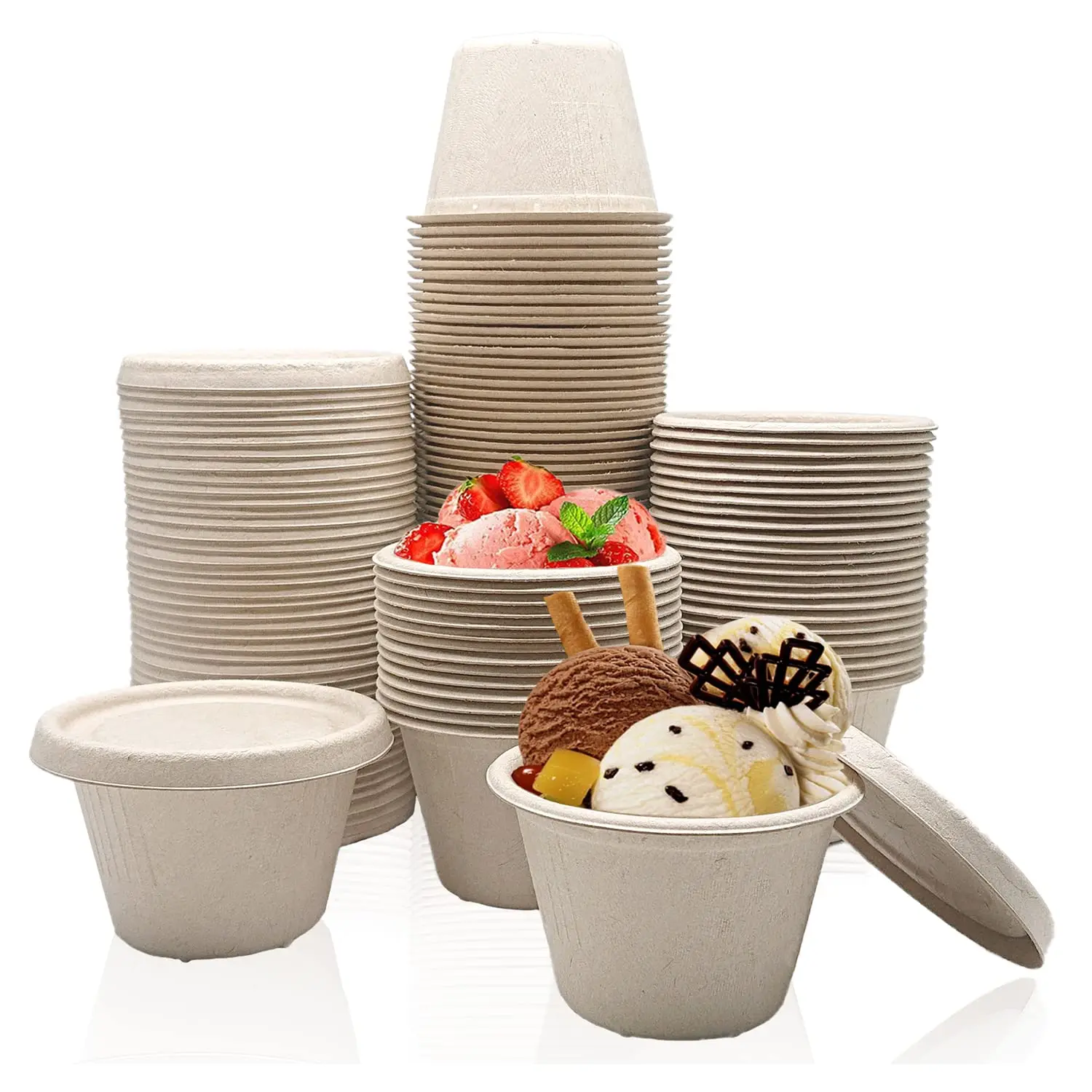 50 Pcs 4 Oz Bagasse Fiber Condiment Cups with Lids, Compostable Portion Cups, Disposable Souffle, for Snack Dressing Food Storage