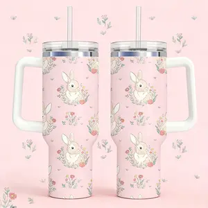 Easter Tumbler with Handle 40oz Easter Egg Bunny Flowers Tumbler with Lid and Straw Colorful Holiday Stainless Steel Cup for Easter Spring Home Office Travel