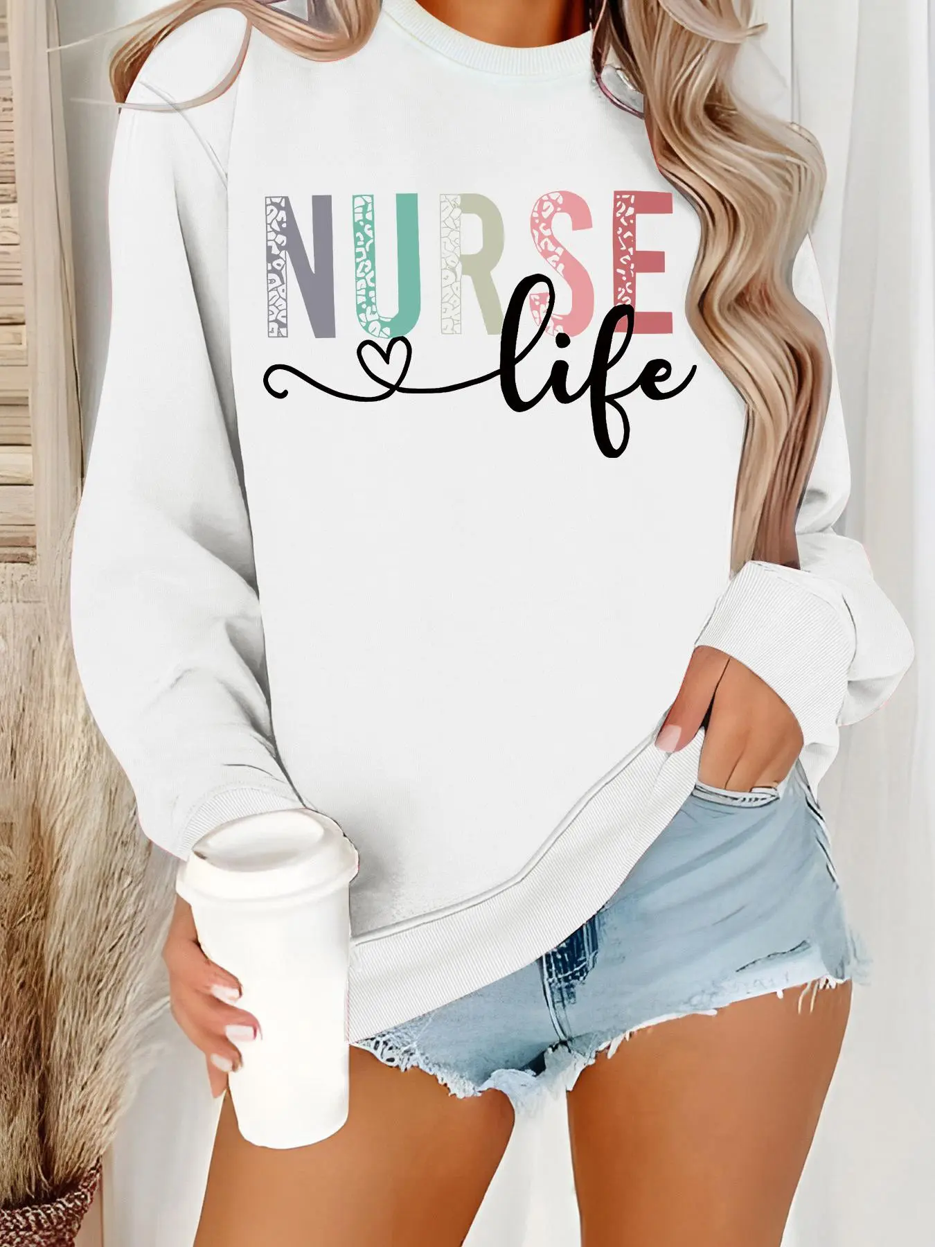 Women's Nurse Life Print Crew Neck Sweatshirt, Casual Fashion Sweatshirt, Graphic Sweatshirts, Casual Long Sleeve Pullover for Fall & Winter, Women's Clothes for Daily Wear
