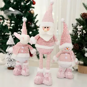 Standing and Retractable Elderly Snowman Figurine, Pink Glitter Doll, Christmas Decoration Window Display Piece