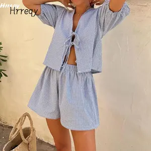 Women's Plaid Outfit, Loose V Neck Puff Sleeve Front Tie-Up Tops Elastic Waist Shorts 2 Piece Summer Set Lady Womenswear Cotton Suits Comfort casual fashion
