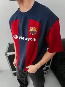Men's New York Style Barcelona Soccer Jersey, & Blue Vertical Stripe, Short Sleeve Football Shirt, Casual Fitted Streetwear