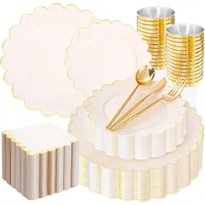 LIYH 210 Pcs Ivory Scalloped Disposable Dinnerware Set Cream Gold Scalloped Include Gold Silverware Cup for Birthday Valentine's Day 30 Guests