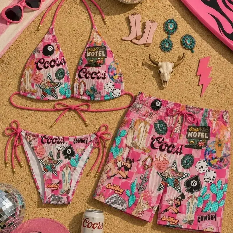 Coors Couples Swimwear Set, Matching Women’s Bikini and Men’s Beach Shorts, Tropical Hawaiian Resort Outfit, Summer Vacation Beachwear