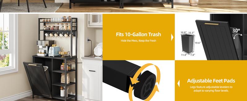 DWVO Black Bakers Rack with Trash Can Bin Cabinet and Power Outlet, Microwave Stand Cabinet with 6 Hooks, 6-Tiers Farmhouse Kitchen Tall Thickened Coffee Bar Table Station with Storage Shelf DWVO Black Bakers Rack with Trash Can Bin Cabinet and Power Outlet, Microwave Stand Cabinet with 6 Hooks, 6-Tiers Farmhouse Kitchen Tall Thickened Coffee Bar Table Station with Storage Shelf