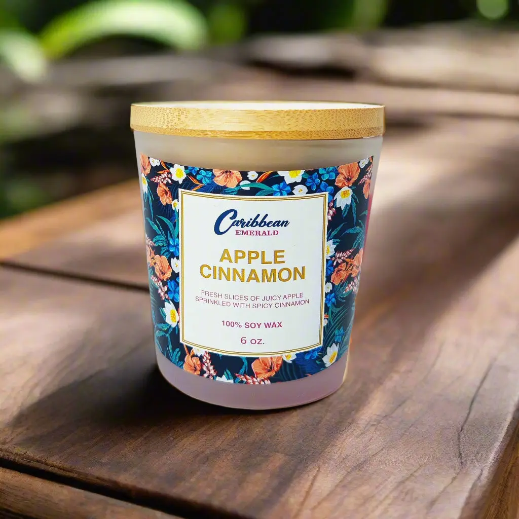 Caribbean Emerald Apple Cinnamon Candle - 6 Oz Handcrafted Soy Wax Blend of Sweet & Spicy Aroma for Cozy Relaxation