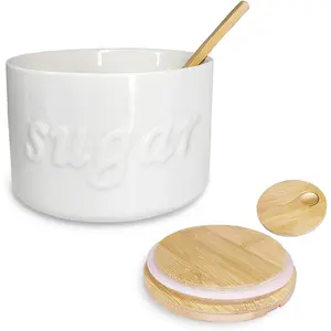 Sugar Bowl with Lid and Spoon, 16 OZ Airtight Sugar Container for Coffee Bar, Farmhouse Ceramic Jar, Sugar Holder Coffee Bar Accessories for Countertop, White