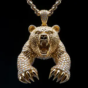 Iced Out Roaring Attacking Bear Pendant with 3mm 24inches Rope Chain