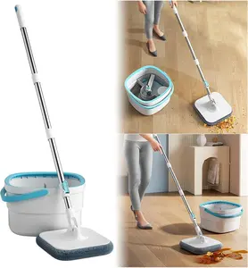 360 Degree Spin Mop and Bucket Set with Wringer Hands Free Floor Cleaning System Includes 2 Microfiber Refills Height Adjustable Handle Compact Design for Kitchen Wet and Dry Use