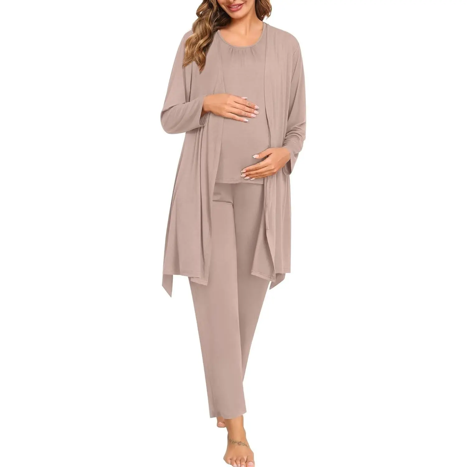 3pcs Maternity Nursing Robe Set Labor Delivery Double Layer Pajamas Set Postpartum Breastfeeding PJS, S-XXL