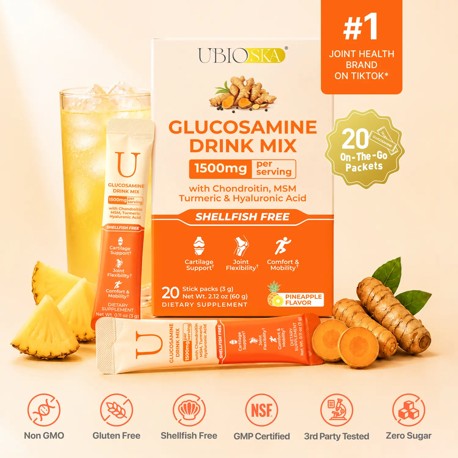 UBIOSKA Joint Support Drink Mix | 7-In-1 Formula with 1500mg Shellfish-Free Glucosamine, Chondroitin, MSM, Hyaluronic Acid  Turmeric, Ginger & BioPerine For Cartilage Support, Joint Flexibility, Comfort & Mobility | Pineapple Flavor with Zero Sugar