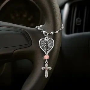 Angel Wings Cross Pendant, Stainless Steel Hollow Heart Chain Crystal Trendy Cute Keychain, Angel Love Car Charm, Elegant Accessory, Car Trinkets, Car Ornament