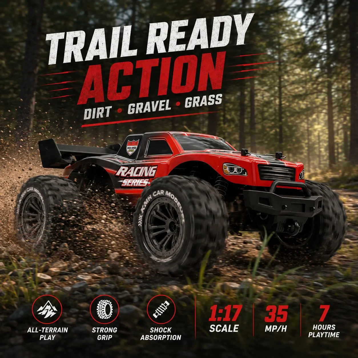 35MPH High Speed Racing 1:17 RC Off-Road Vehicle, 2.4G Wireless Anti-Interference Control, 7H Long-Lasting Battery Life, Metal And Thickened Plastic Heavy-Duty All-Terrain Car, Safe Durable Kids Toy, Perfect Gift for Boys' Birthday Holiday Party