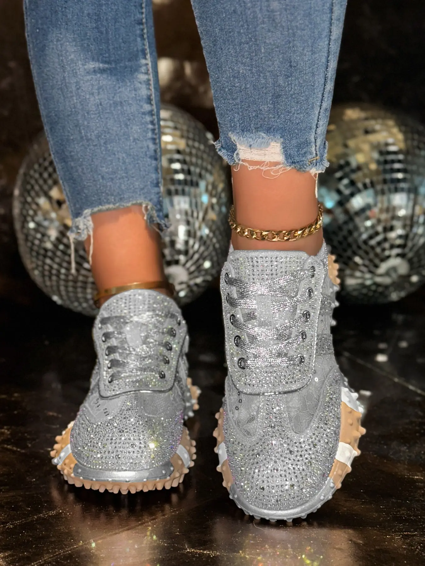 Trendy Shiny Decor Thick Sole Dad Shoes, Breathable Comfort Casual Women's Sneakers, Stylish Low Top Fashion Footwear, Sports Shoes, Walking Shoes, Trainer