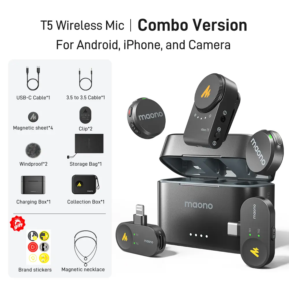 Maono T5 Wireless Lavalier Microphone with Charging Case, Audio Noise Reduction, Compatible with PC Camera, iPhone, Type C Android Smartphone, Ideal F