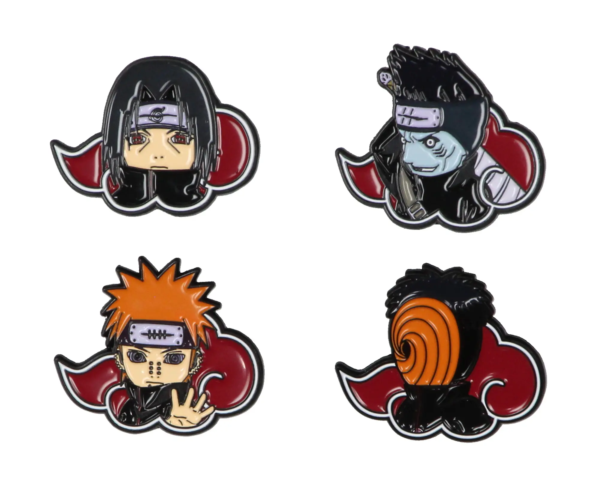Naruto Akatsuki Itachi Obito Kisame Nagato Vibrant Red Cloud Embossed Anime Manga Collectible 4-Pack, Pin-Type Collar Clip Brooch Accessory for Naruto Fans with Pin Backs