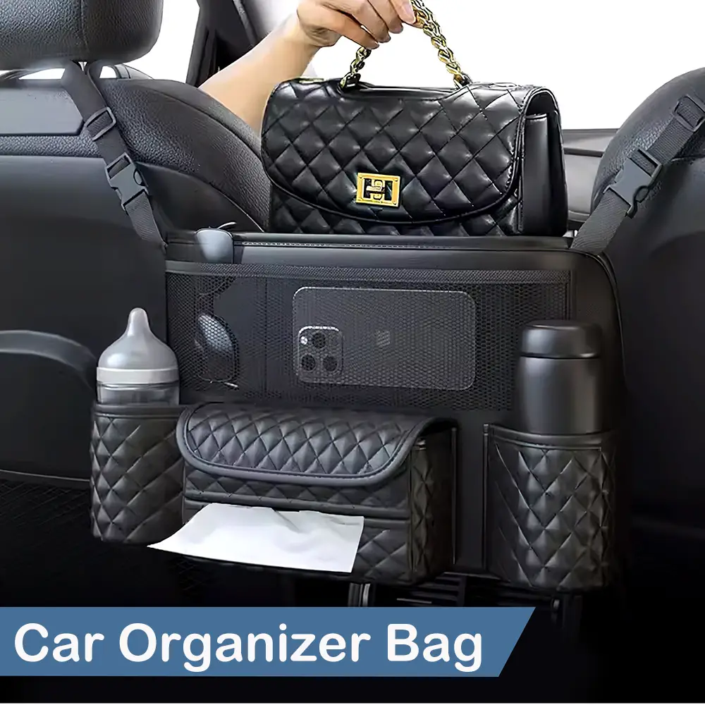 PU Leather Car Net Pocket Handbag Holder Between Seats Back Storage Organizer Purse Holder for Console Front Seat Storage Barrier - (Black)