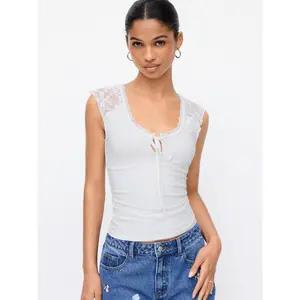 Cider Cotton-blend Scoop Neck Lace Panel Tie-front Tank Top
