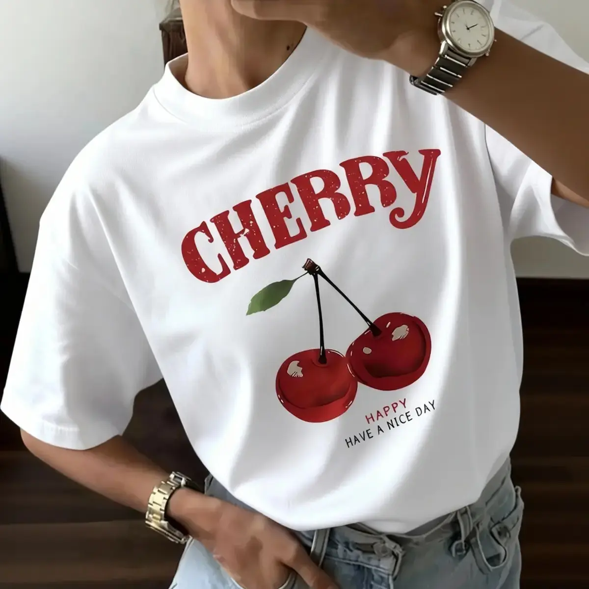 Women's Retro Cherry Print Cotton T-Shirt - Round Neck, Short Sleeve, Loose-Fit, Good Quality Summer Casual Graphic Womenswear Top, Foldable, Shortsleeve, Tee, Chic, Comfortable, Everyday, Tshirt, Soft Cotton, Foldable Tee, Piece, Style, Cherry Motif, Gra