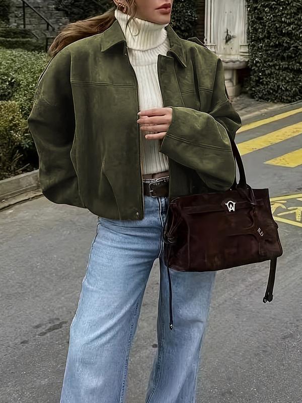 Women's Fall Winter Loose Fitted Suede Jacket, Short Batwing Sleeve Bomber Coat, Plain Leather Look Top, Zipper Neckline, Long Sleeve Vintage Style