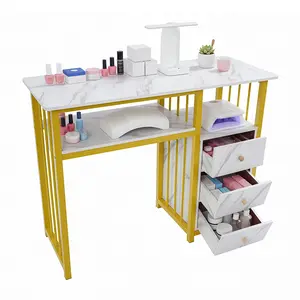 3-Drawer Manicure Table with Marble Texture & Open Shelf, 66 lbs Load Capacity Density Board & Steel Frame Nail Desk for Salon Beauty Spa Home Office