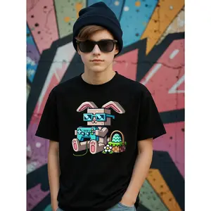 Young Boy's Halloween Gamer Easter Bunny Egg Basket 100% Cotton Graphic Tees, Halloween Clothes For Boys, Black Round Neck Letter Print T-Shirts, Machine Washable, Holiday Family Outfit Outfit, Trick Or Treat Party Attire, Spooky Season