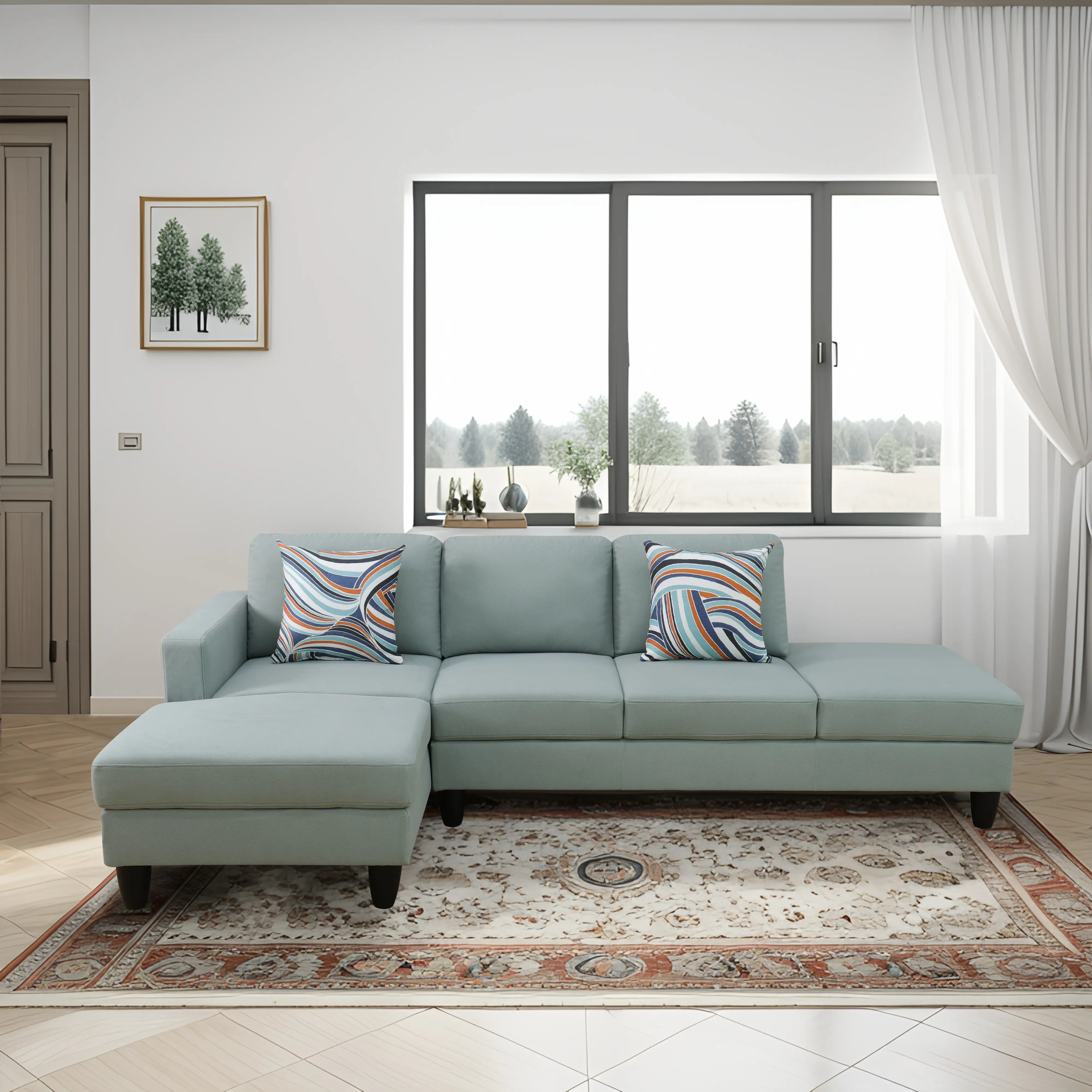 Misty Pale Green Textured Calico Sturdy 2-Piece Modern Cotton Sofa Set - Fixed Arms, Breathable Cloth, Anti-Scratch, Easy-Clean, Versatile Set for Indoor Lounge Furniture, Assembly Required, Living Space