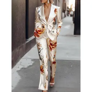 Two-piece Set Women's Floral Print Set, Elegant Long Sleeve Button Blazer & Pants Set, Women's Sleepwear for Spring & Fall