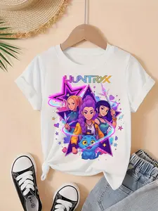 Girls Kpop Demon Hunters Korean Series Cartoon Print Short Sleeve T-Shirt, Huntrix Group Cute Casual Round Neck Game Graphic Tee for Summer