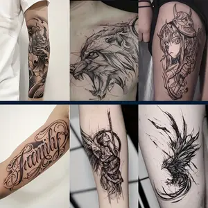 6 Large Herbal Tattoo Stickers, Containing Elements Such as Carp, Wolf, Geisha, Mexican American, Angel, Crane, and 2 One Random Patterns, Lasting for 7-15 Days, Waterproof and Anti-Friction, Realistic Effect, suitable for People Who Are Afraid of Pain Or