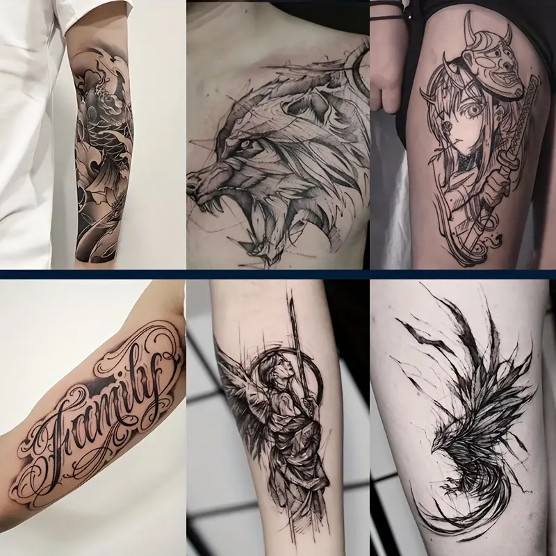6 Large Herbal Tattoo Stickers, Including Carp, Wolf, Geisha, Mexican American, Angel, Crane and Other Elements, and 2 Random Patterns, Lasting 7-15 Days, Waterproof and Anti-Friction, Realistic Effect, Suitable for Those Afraid of Pain or Not Wanting to