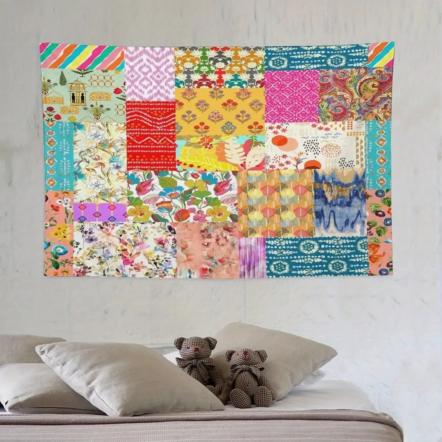 1 Large Bohemian Floral Patchwork Tapestry Wall Decor - Featuring Horizontal Stripes and Floral Patterns - Easy-to-Hang Fabric Wall Art - Colorful Patchwork Design, Full of Vitality, Suitable for Spring and Vintage Aesthetics - Soft Fabric Texture