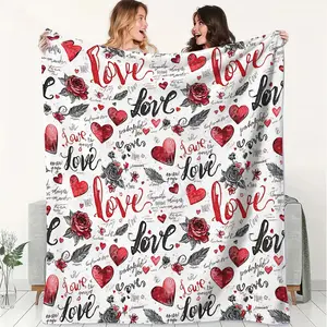 Love Romantic Style Flannel Blanket, Red and Black Contrasting and Handwritten Love Themed Cover Blanket, Soft and Fluffy Warm Blanket, Outdoor Sports Blanket, Gift Blanket, Suitable for Living Rooms, Sofas, Offices, Camping, and Travel. ﻿