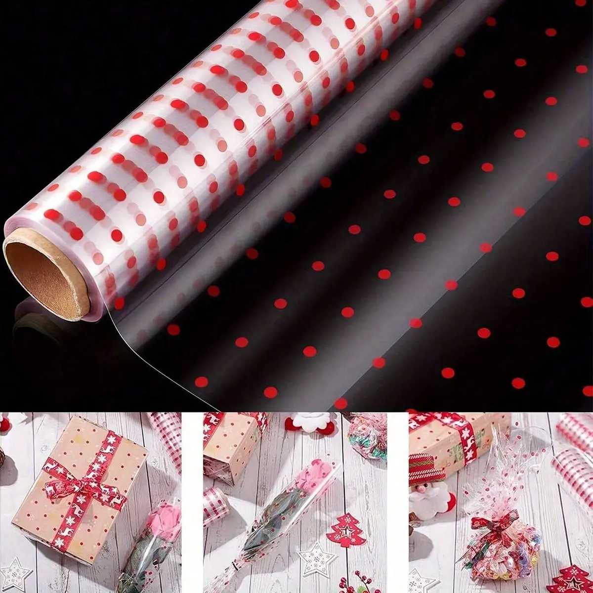 Transparent Glass Paper Roll, 15.7 Inch Wide X 98 Feet Long, 2.3 Micron Thick, Polka Dot Pattern, Ideal for Gift Baskets & Bouquets