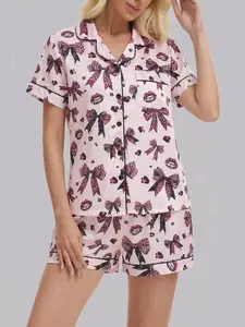 Women's Leopard Bow Lip Print Pajama Set, Collar Button Short Sleeve & Loose Comfortable Shorts, Cute Sweet Cool Sleepwear Loungewear Pjs