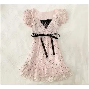 Polka polka dot retro pink sexy dress, aesthetic slimming Y2K short sleeved sun dress, women's sweet clothing, fashionable Harajuku lace dress