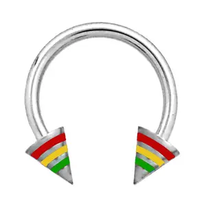16 Gauge Externally Threaded 316L Surgical Steel Septum Horseshoe Ring With Rasta Red, Yellow, & Green Stripes